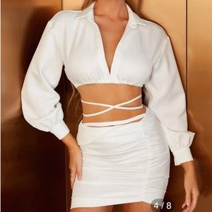 PARTHEA Criss Cross Tie Back Crop Blouse & Ruched Bodycon
 Skirt